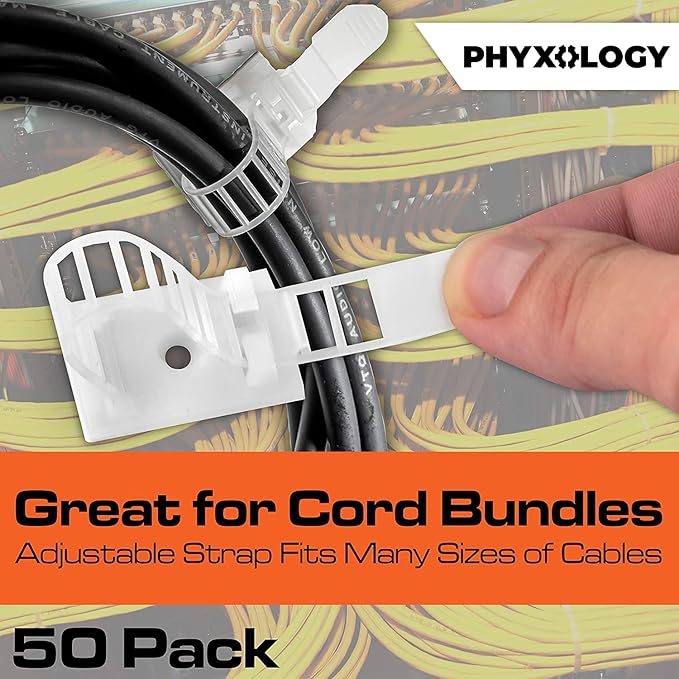Pro-Grade, Adhesive-Backed Cable Straps 50 Pack. High-Strength, White Clamps for Electrical Wire Management and Organization. Tool-Free Installation for Home Or Office. Screw-Mount for Permanent Hold