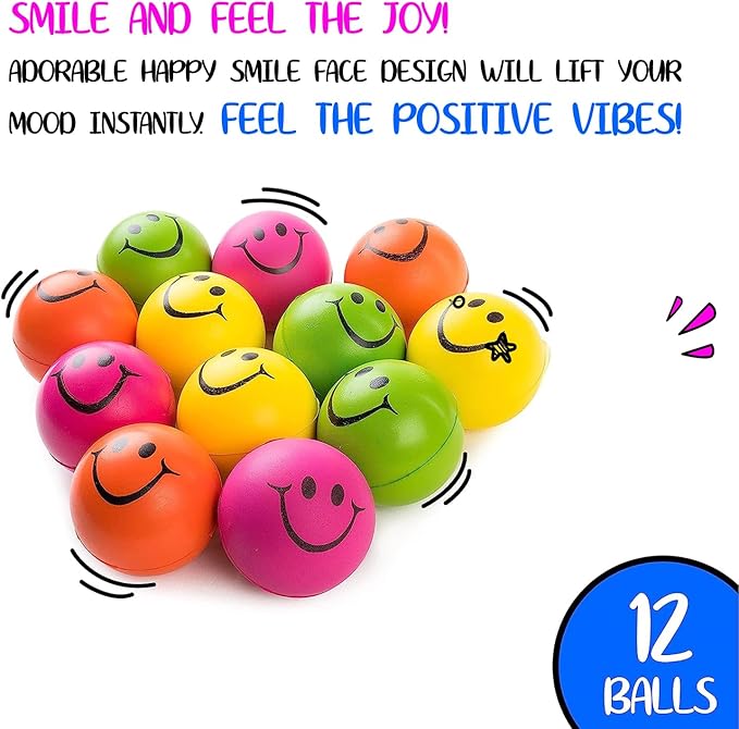 Neliblu Neon Smile Stress Balls for Adults and Kids - Foam Squeeze Balls for Stress Alleviation, Relaxation and Fun - Pack of 12 Happy Face 2.5-Inch Stress Balls - Ideal for Parties, Therapy, and Toys