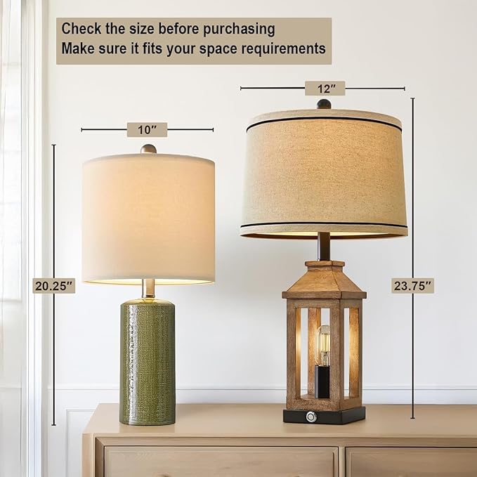 20.25" Small Table Lamps Set of 2 Modern Ceramic Lamps for Living Room Farmhouse Bedside Lamps Boho Lamps for Night Stands Green Bedroom Lamp Side Table Lamps End Table Lamp