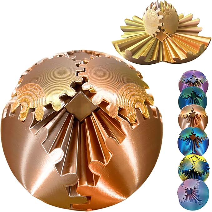 Gear Ball, 4.2in 3D Printed Gear Ball Spin Ball Cube Fidget Toys, Gear Sphere, Gear Balls Fidget Toy, Stress Ball, GearSphere Desk Toy, Fidget Balls, Gear Toy for Anxiety Relaxing (Laser Rose Gold)