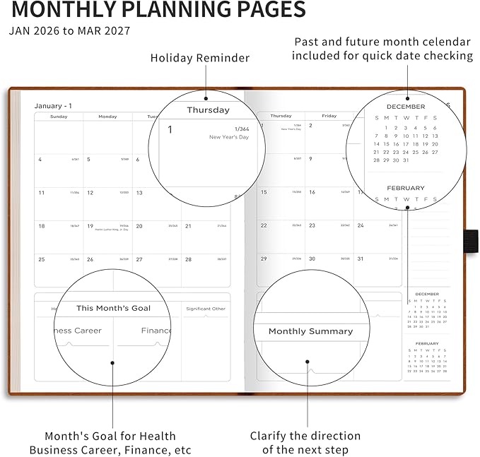 AHGXG 2026 Planner, Weekly and Monthly Planner 2026-2027, Large A4 8.5"x11", Calendar 15-Months Jan 2026 - Mar 2027, Vegan Leather SoftCover, Inner Pocket, Black