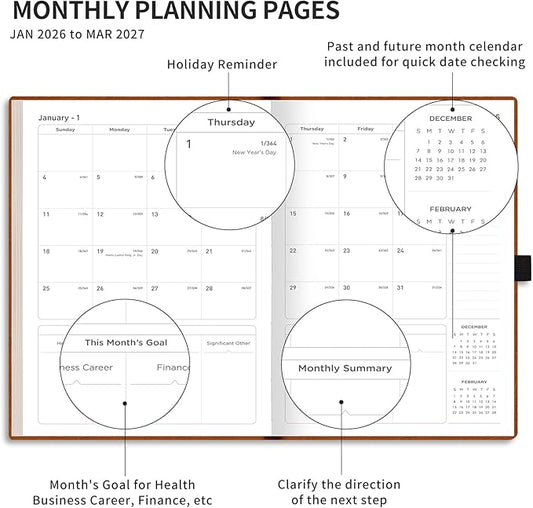 AHGXG 2026 Planner, Weekly and Monthly Planner 2026-2027, Large A4 8.5"x11", Calendar 15-Months Jan 2026 - Mar 2027, Vegan Leather SoftCover, Inner Pocket, Black