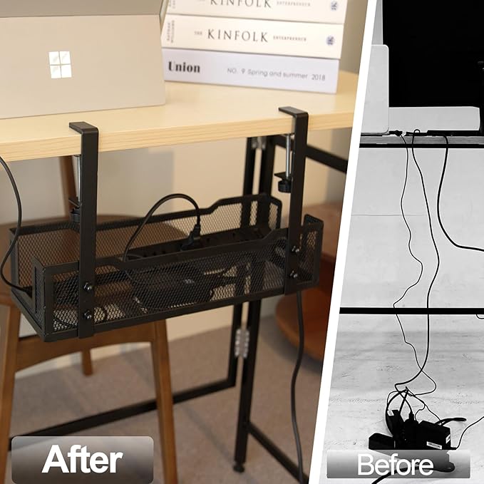 No drill Under Desk Cable Management Tray with clamp-Premium Wire Tray Cord Organizer – Thin Steel Cable Tray Basket with Charger Holder for Desk–Black Cable Management Box–Easy to Install