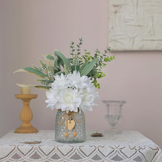 Faux Flowers with Vase,Artificial Silk Flowers in Vase, Fake Plant Eucalyptus and Willow,Flower Arrangement for Home Farmhouse kitchen Dining Table Centerpiece Decorations Coffee Table Decor (White)