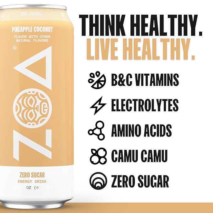 ZOA Zero Sugar Energy Drinks, Pineapple Coconut - Sugar Free with Electrolytes, Healthy Vitamin C, Amino Acids, Essential B-Vitamins, and Caffeine from Green Tea - 16 Fl Oz (12-Pack)