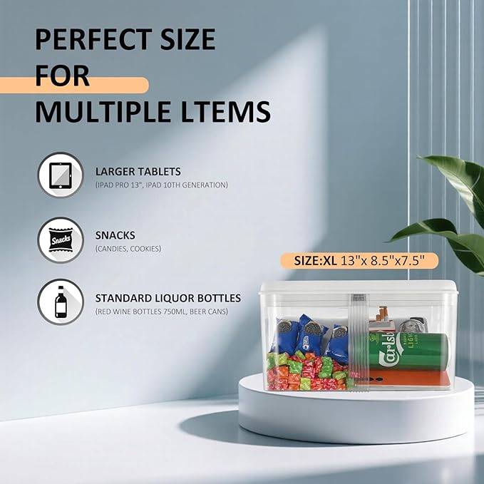 Timed Lock Box, Phone Lock Box with 'Built-in Calendar' Feature, XL Time-Locking Container 13’’x 8.5’’x 7.5’’, Fridges Free Timed Lock Safe for Cell Phones, Snacks and Other Tempting Items