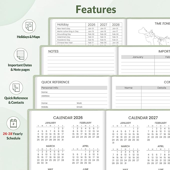 SUNEE 2026 Pocket Weekly Planner for Purse 3.5" x 6" - 12 Month (January 2026 - December 2026), Small Size Planner, Hardcover, Notes, Pocket, 100 GSM Paper, Sage Green