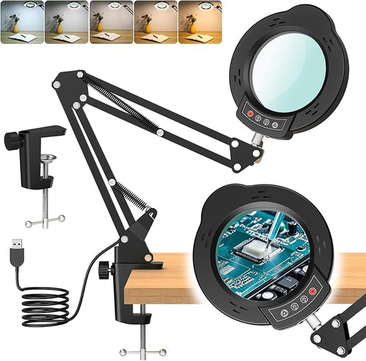 10X Magnifying Glass with Light and Clamp, 5 Color Modes Stepped Dimmable 2-in-1 with LED Desk Lamp, Hands Free Magnifier with Light for Close Works Craft Hobby Painting Reading DIY Repair