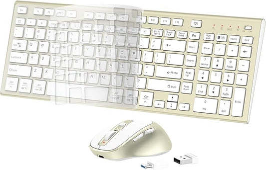 Wireless Keyboard and Mouse, USB Type C Rechargeable Slim Silent Keyboard Mouse, Compact Full-Size Keyboard with Number Pad and Cover for Windows, macOS, PC/Computer/Laptop - Gold