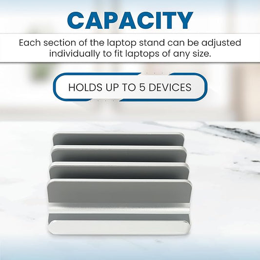 Multiple Laptop Holder Adjustable Laptop Stand Holds 5 Devices, Fits All MacBooks Laptops Tablets and Mobiles (up to 17.3'), Closed Upright Vertical Laptop Stand for Desk
