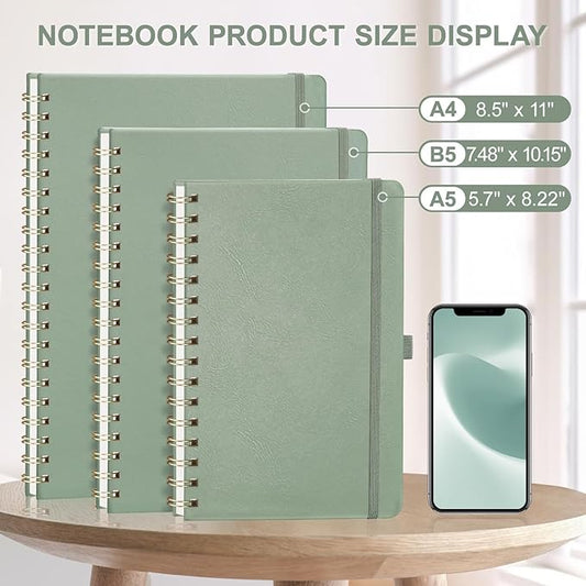 AHGXG Graph Paper Notebook - Spiral Notebook 8.5" x 11", A4 Large Hardcover Leather Journal Grid Notebook, 100 gsm Thick Graph Paper,Journals for School Writing Graphing Engineering Math, Sage Green