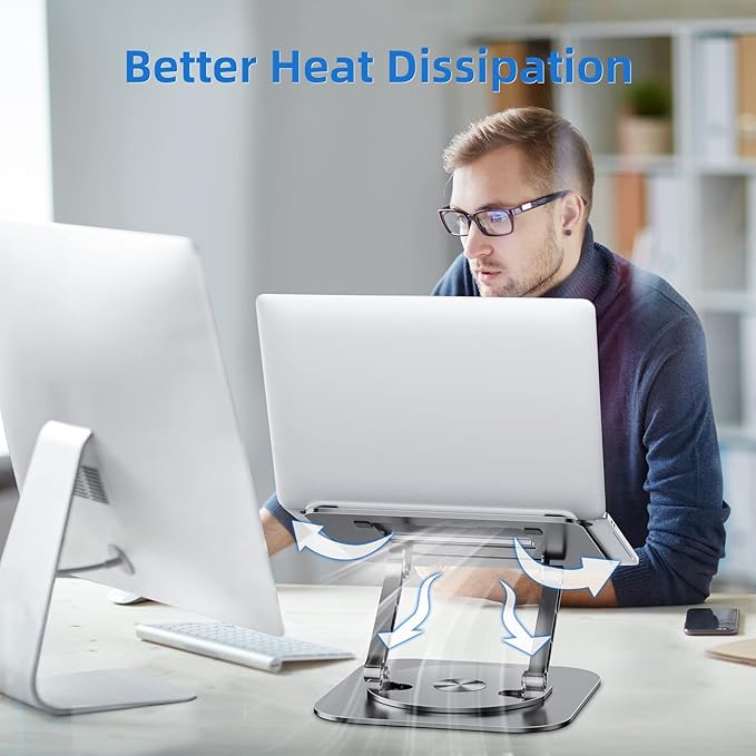 Laptop Stand for Desk, Ergonomic Laptop Riser with 360° Rotating Base, Aluminum Laptop Stand, Adjustable Foldable Laptop Holder Compatible with MacBook Air Pro, Dell XPS, 10-17" Laptops, Grey