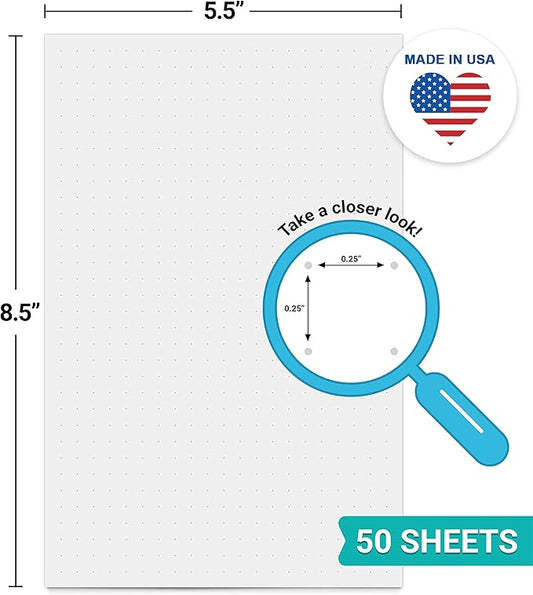 321Done Dot Grid Notepad – Dotted Graph Paper, Small (5.5x8.5) – Made in USA – 50 Sheets Dotted for Bullet Planning Journaling Thick Paper 1/4 (0.25) Dots Notes Sketching Writing Smooth White