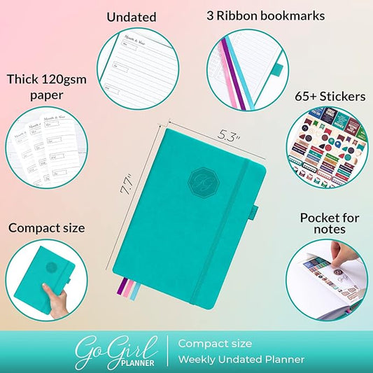 GoGirl Planner and Organizer for Women – Compact Size Weekly Planner, Goals Journal & Agenda to Improve Time Management, Productivity & Live Happier. Undated – Start Anytime, Lasts 1 Year – Turquoise