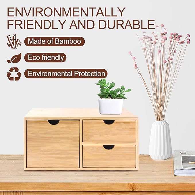 Bamboo Desk Organizer with Drawers Makeup Storage Drawer 3 Drawers Tabletop Storage Organization Desktop Drawers for Countertop Home Office Workspace Bathroom Toiletries Supplies