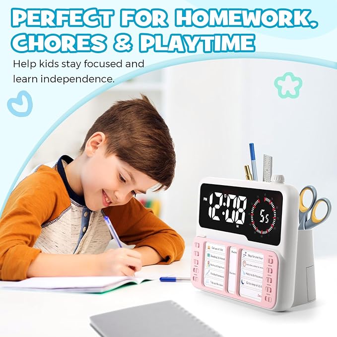 7-in-1 Visual Timer for Kids & Adults with Task Planner – ADHD Time Management Tool with Alarm, Countdown, Calendar, Temperature Display & Storage – Ideal for Home, School (Pink)