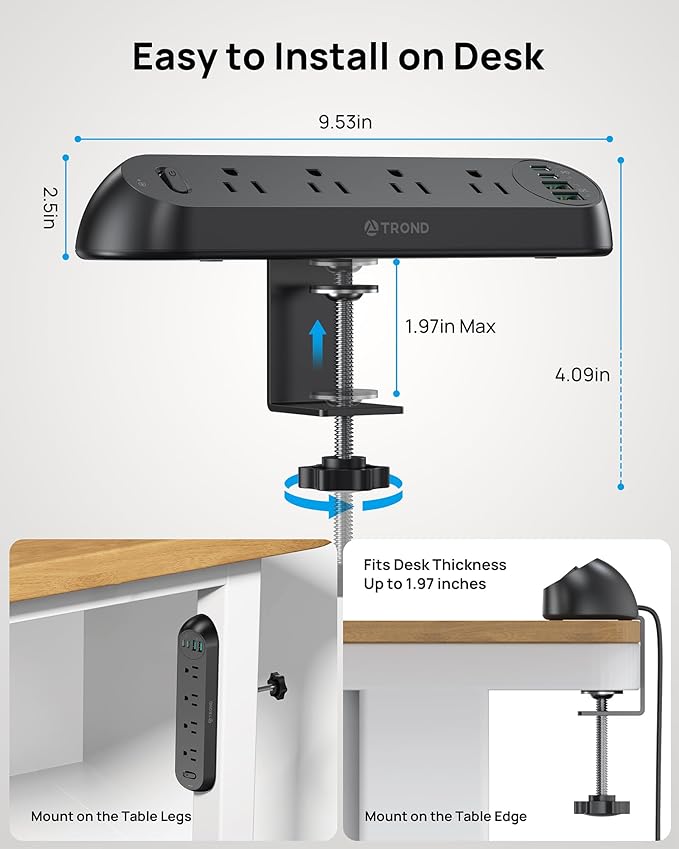 TROND Desk Clamp Power Strip USB C PD 20W- Surge Protector with 4 AC Outlets 4 USB Ports, Flat Plug 6ft Extension Cord, 1700J, ETL Listed, Fits 1.97 inch Tabletop Edge, for Home Office, Black