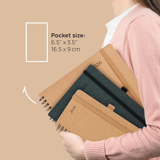 POPRUN 2026 Recycled Weekly Planner 12 Months Pocket Size (3.5'' x 6.5'') - Spiral Calendar Weekly and Monthly for Purse, with Italian Regenrated Leather, Pen Holder - Desert Brown