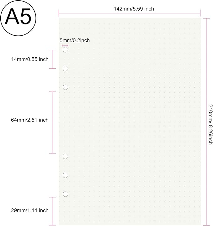 135 Sheets Planner Refill Paper Dotted Inserts Paper A5 6 Holes Binder Grid Notepaper for Filofax Bullet Journals Diary (8.26x5.59 Inch)