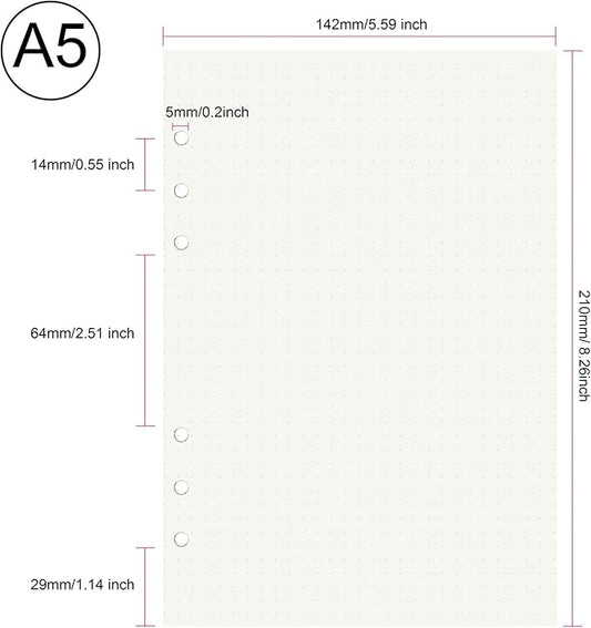 135 Sheets Planner Refill Paper Dotted Inserts Paper A5 6 Holes Binder Grid Notepaper for Filofax Bullet Journals Diary (8.26x5.59 Inch)