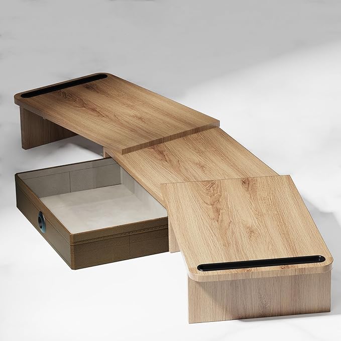 Dual Monitor Stand Riser with Drawer-Adjustable Length and Angle, Monitor Stand Riser for 2 Monitors, Desktop Organizer Stand for Computer/Laptop/PC/Printer (Oak)