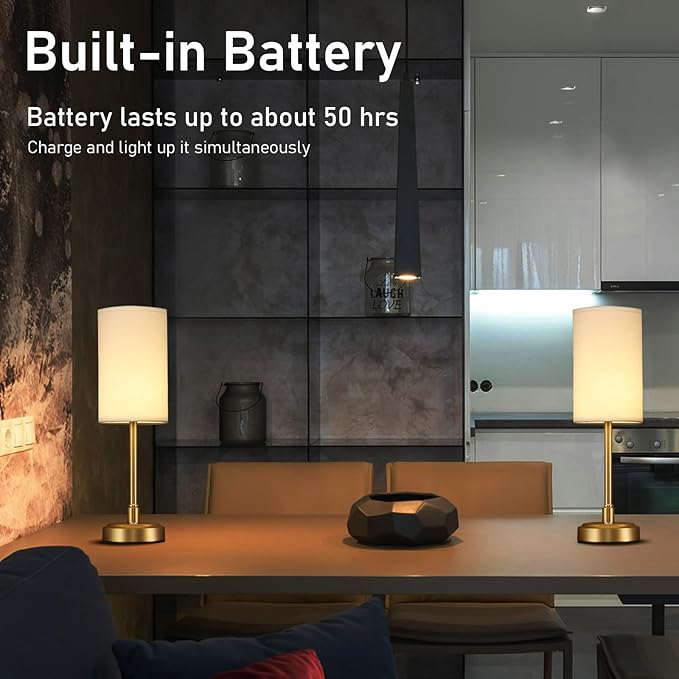 Set of 2 Small Touch Nightstand Lamp Rechargeable Battery Operated Cordless LED Table Lamp, Portable 3 Colors Stepless Dimmable Fabric Desk Light for Restaurant/Bedroom/Outdoor (White+Brass)