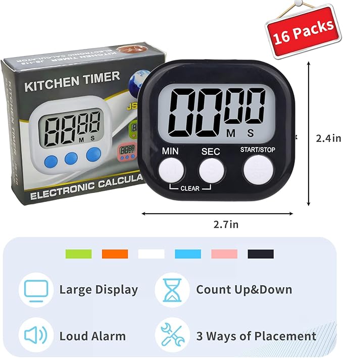 16 Packs Digital Timer Multi-Function Electronic Timers for Classroom Small Magnetic Countdown Stopwatch Mini Loud Alarm Stop Clock for Kitchen Cooking Games Meeting Study Work Baking Sports Office