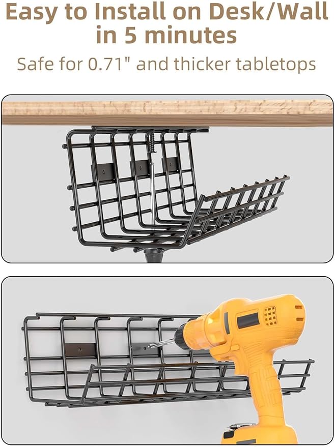 2 Pack DELAMU Under Desk Cable Management Tray, Large Metal Cord Organizer, Office & Home Cord Wire Management Under Desk Shelf, Easy Install Pre-drilled Cable Organizer, Black