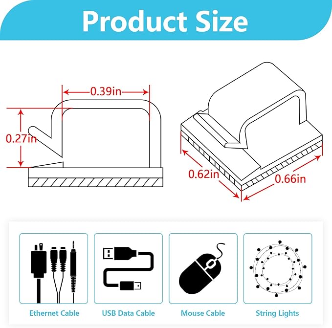 100PCS Cable Clips, Adhesive Wire Clips Organizer Cord Clips Management, Cable Staples Outdoor Strong for Wall, Desk, Christmas Lights, String Lights, TV PC Ethernet Cable, Clear Large
