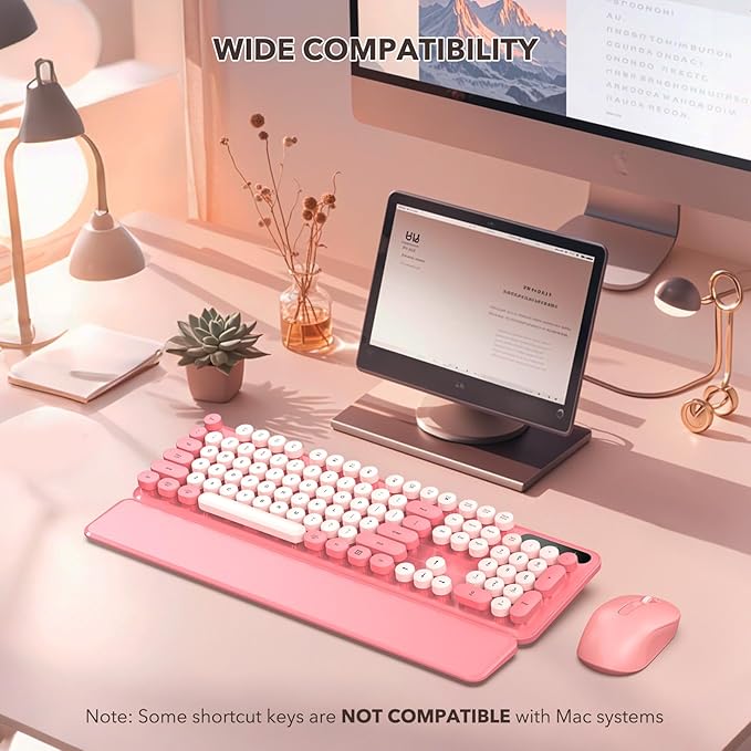 Wireless Keyboard and Mouse Combo - Retro Keyboard with Round Keycaps, Full-Size Typewriter Keyboard with Detachable Wrist Rest, 2.4GHz Connection for Mac/Windows/PC (Baby Pink)