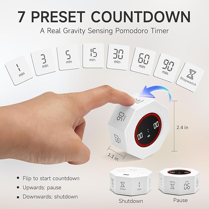 Visual Countdown Timer 1,3,5,15,30,60,90 Minutes Preset, Desk Productivity Cube w/Gravity Sensor for ADHD, Mute Functions, Ideal for Work, Study, Kitchen, Back to School (1, White)