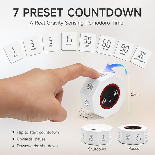 Visual Countdown Timer 1,3,5,15,30,60,90 Minutes Preset, Desk Productivity Cube w/Gravity Sensor for ADHD, Mute Functions, Ideal for Work, Study, Kitchen, Back to School (1, White)