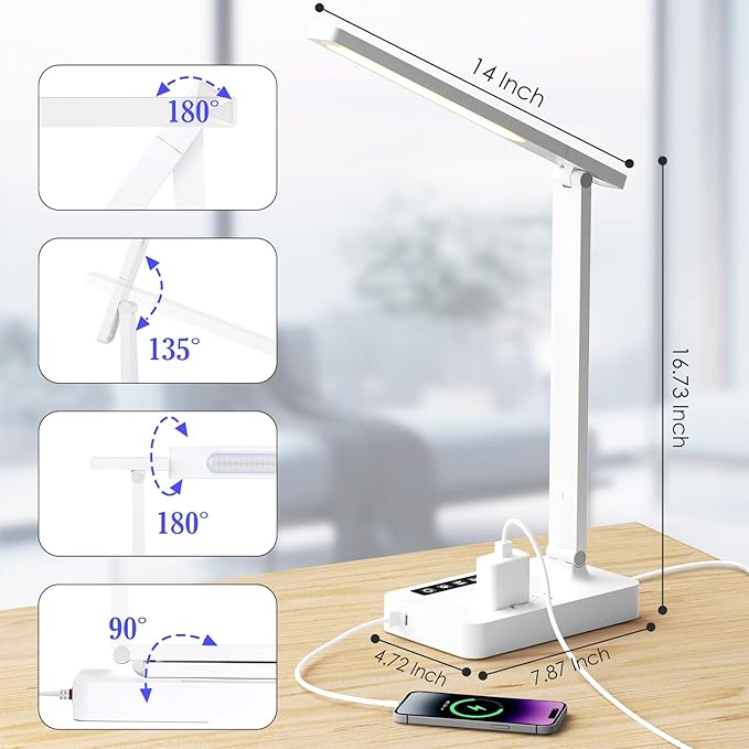 Infiway LED Desk Lamps for Home Office: Desk Lamp with USB Charging Port - 1 USB-A, 1 Type-C Ports, 2 AC Power Outlets, Touch Control Dimmable 5 Color 5 Brightness, Night Light(White)