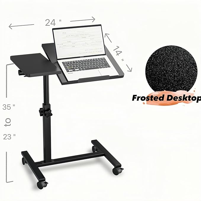 Rolling Over Bed Table Adjustable Height with Wheels Side Table for Couch Laptop Desk Hospital Overbed Table Couch TV Tray Table Computer Workstation-Frosted Black