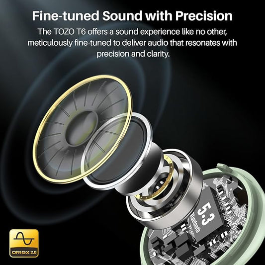 TOZO T6 Wireless Earbuds, IPX8 Waterproof Ear Buds, Stereo Bass Sound Bluetooth 5.3 Headphones in Ear, 50 Hours Playtime Earphones, Wireless Charging Case, Custom 32 EQ via APP