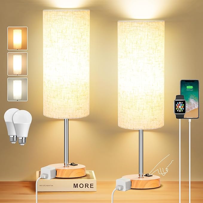 ZJOJO Table Lamp for Bedroom 2 Pack,18in Bedside Lamps with 3 Way Dimmable Rocker Switch & AC Outlet,Nightstand Desk Lamp with Flaxen Fabric Shade Woodgrain Base for Living Room Home Decor Lights