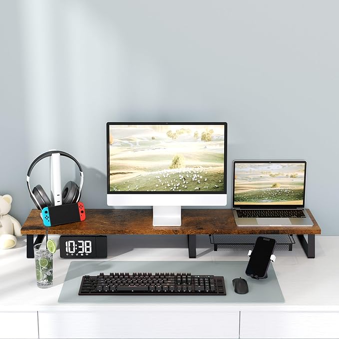Vintage Wooden Dual Monitor Stand - 2 Monitor Riser with Metal Legs & Drawer, Office Desk Organizer