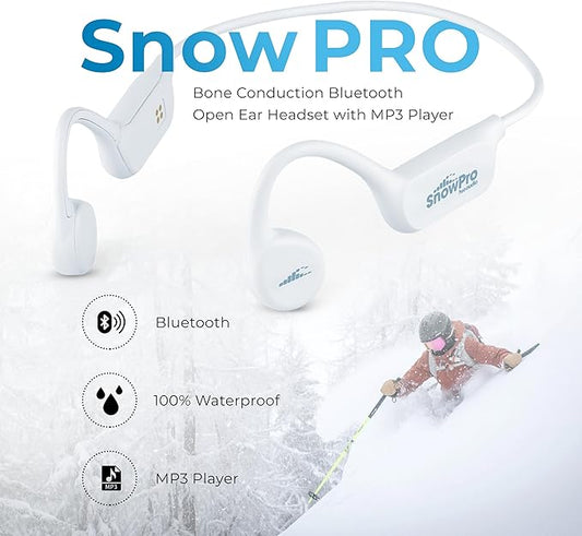 H2O Audio Snow PRO Bone Conduction Bluetooth Open Ear Headset with MP3 Player - Waterproof Multi-Sport Headphones for Skiing, Snowboarding, Cross Country Skiing - White