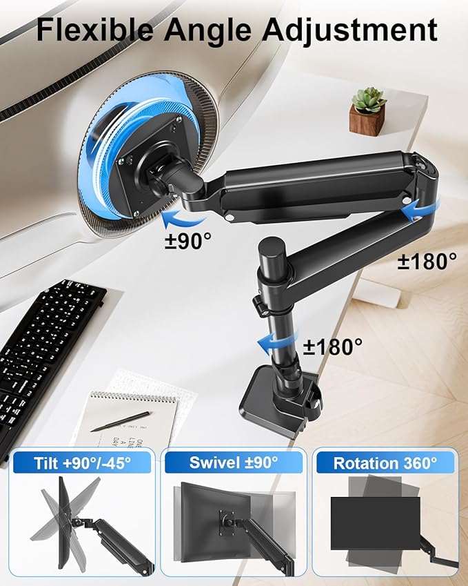 Heavy Duty Single Monitor Mount for Max 49 inch, Hold 4.4 to 44 lbs Ultrawide Screens, Premium Monitor Arm for Samsung Odyssey G9 and More, Adjustable Gas Spring Desk Stand, VESA Mount