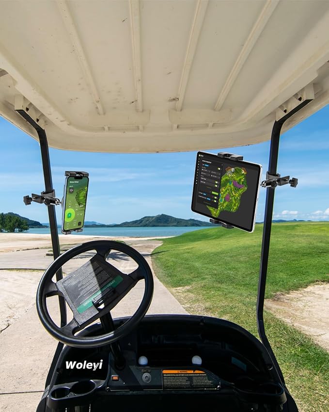 woleyi Golf Cart Tablet Holder Mount, 360° Adjustable, Metal Wider Clamp Arm for ZGO/Club Car/Yamaha/Other Golf Carts, for 4.7-13" Device Like iPad Pro, Air, Mini, iPhone, Galaxy Tabs, Z Fold, Fire HD
