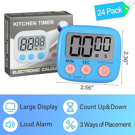 Leumoi 24 Pcs Digital Kitchen Timers Bulk Small Magnetic Timer On/Off Switch Minute Second Count up Countdown Loud Alarm for Classroom Cooking Baking(Blue)