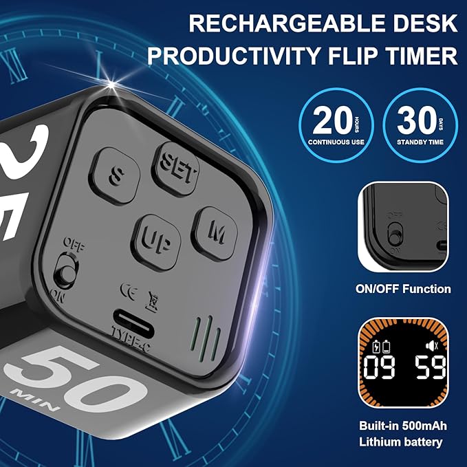 Rotating Cube Visual Timer 5, 25, 10, 50 Min Preset + Custom Countdown, Rechargeable Desk Productivity Flip Timer w/Silicone Case, Silent Mode, Ideal for ADHD Tool Study Work School (Black)