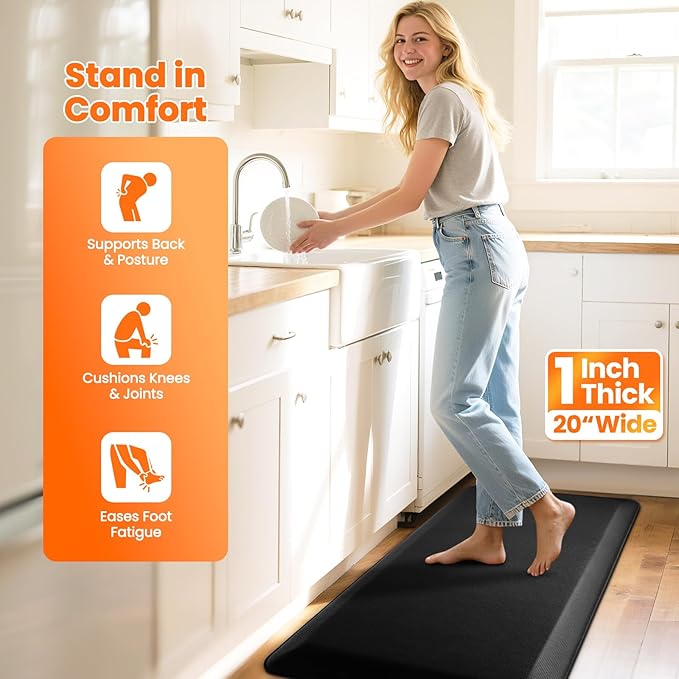 Kitchen Mats for Floor, 1 Inch Extra-Thick Kitchen Rugs, Non-Slip & Waterproof Standing Desk Mat, Comfort Anti Fatigue Mats for Kitchen Floor, Home, Sink, Office (20" X 39", Black)