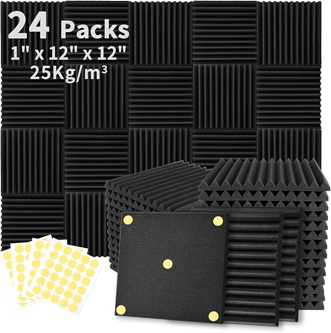 24 Pack Acoustic Foam Panels 1" x 12" x 12" Sound Proof Foam Panles Soundproofing Noise Cancelling Wedge Panels for Home Office Recoding Studio with 240PCS Double-Side Adhesive