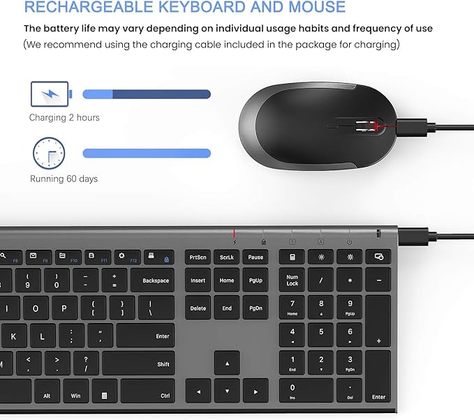 Wireless Keyboard and Mouse, Vssoplor Rechargeable Quiet Full-Size Keyboard and Mouse Combo Set Ultra Slim Design for Laptop, PC, Notebook, Desktop-Dark Gray