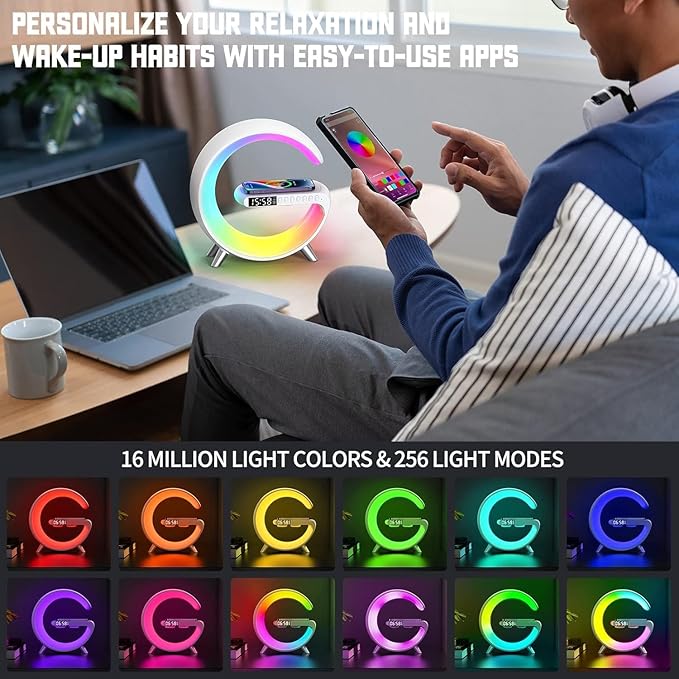 5-in-1 Smart Bedside Lamp with Bluetooth Speaker & APP Control, Wireless Charging Station, Sunrise Alarm Clock, RGB Mood Light, Ideal Gifts for Home, Office, Christmas (Black)