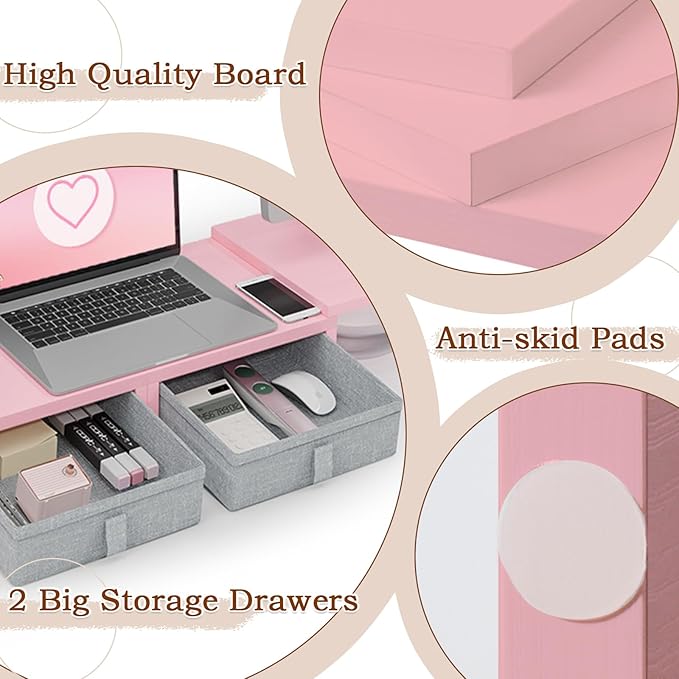 TEAMIX Pink Dual Monitor Stand Riser - Length and Angle Adjustable Monitor Stand with 2 Drawers to Storage Large Computer Riser for 2 Monitors/Laptop/PC, Wood Screen/TV Stand Desk Organizer (Pink)