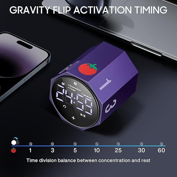 MIAOKE Pomodoro Timer-Aluminum Alloy Frosted Metal LED Large Screen Digital Automatically Rotated Display, Focus Efficient Management on Work and Study,Office, Living Room-Purple
