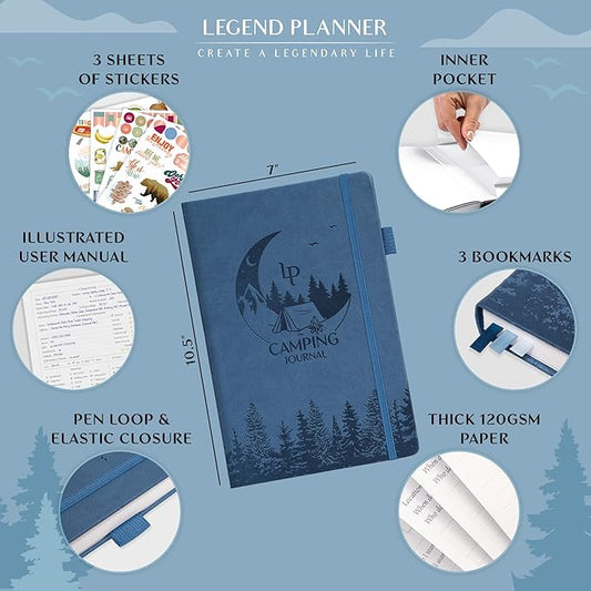 Legend Camping Journal – Hardcover Camper & RV Trip Planner – Notebook to Plan Travel & Camp Adventures with Packing Checklist, Meal Plan & Camping Bucket List – 30 Trips, 7" x 10" (Smoke Blue)