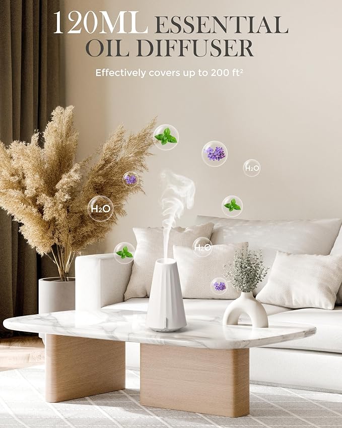 120ML Essential Oil Diffuser, 2.4MHZ Ultrasonic Aromatherapy Diffuser with 3 Timer Settings, Quiet Operation, Sleep Helper & Dimmable Night Light, Diffusers for Large Room, Home